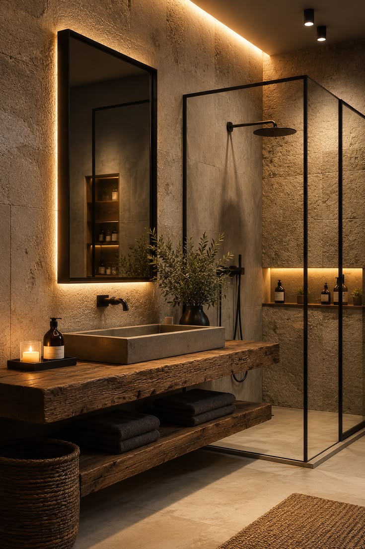 Modern spa bathroom with stone walls, reclaimed timber vanity and warm lighting