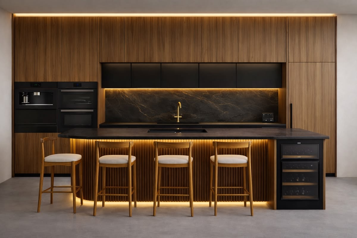 Luxury renovated kitchen with walnut cabinetry, stone island and warm bronze fixtures