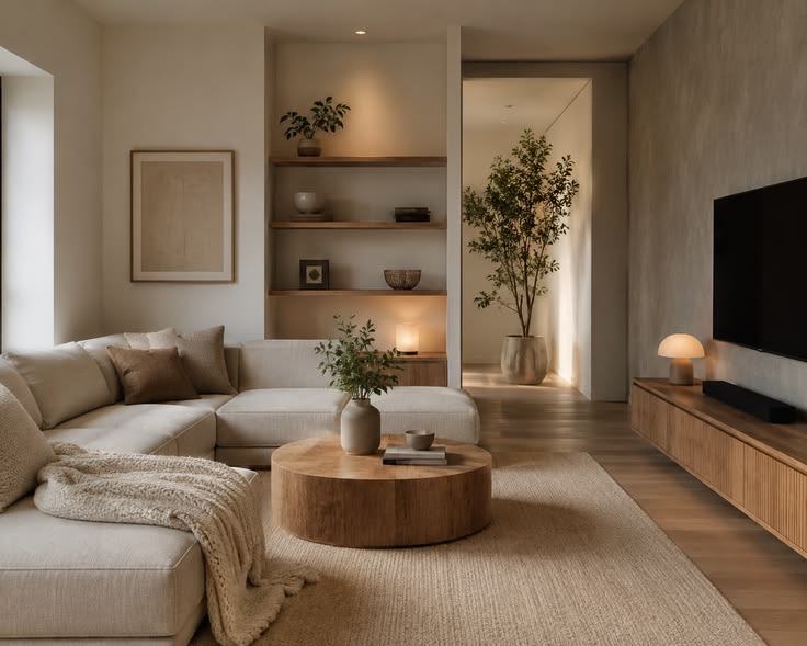Warm minimal living room with soft sectional, timber joinery and layered lighting