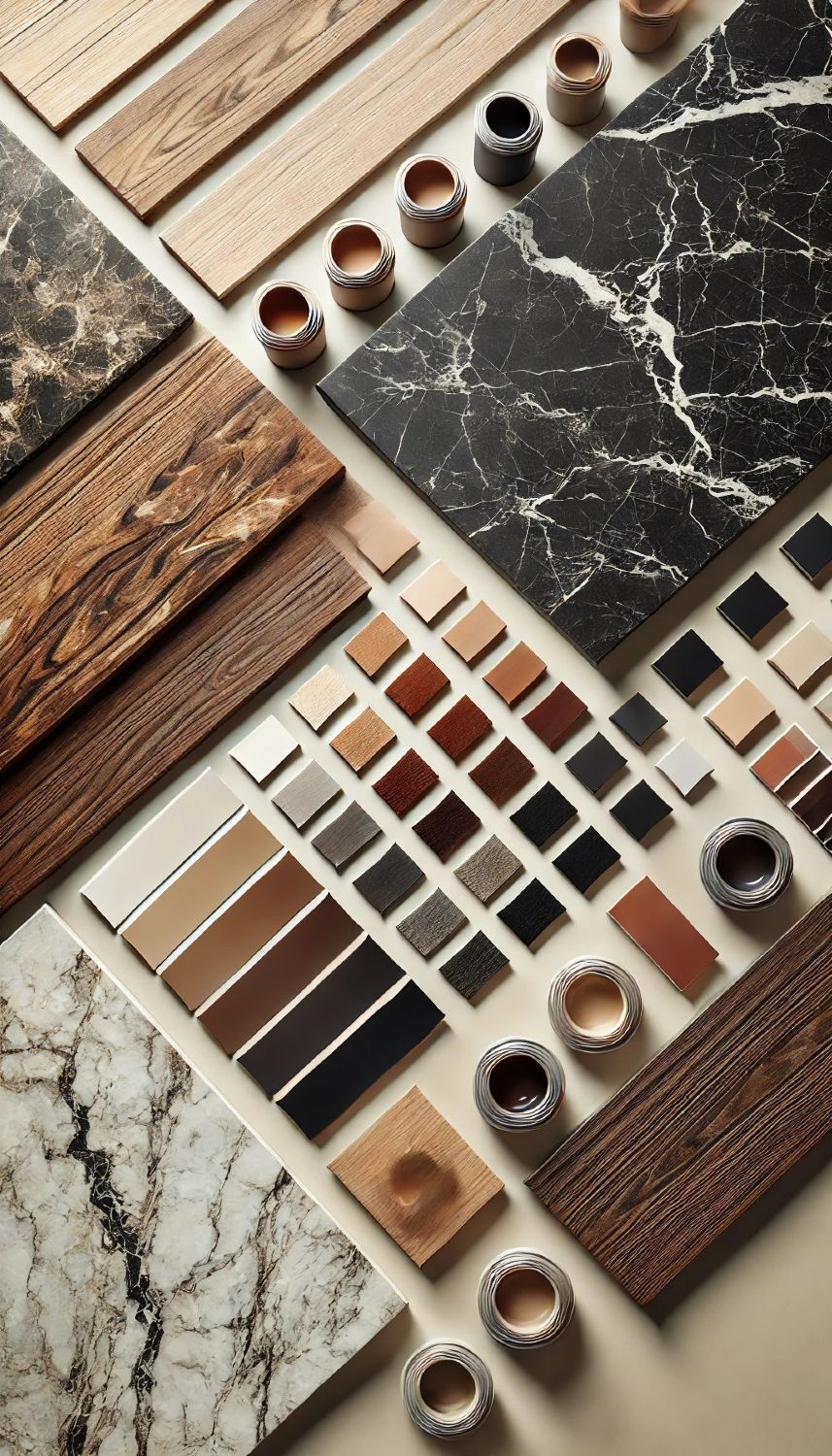 Curated material palette of marble, warm oak and bronze finishes