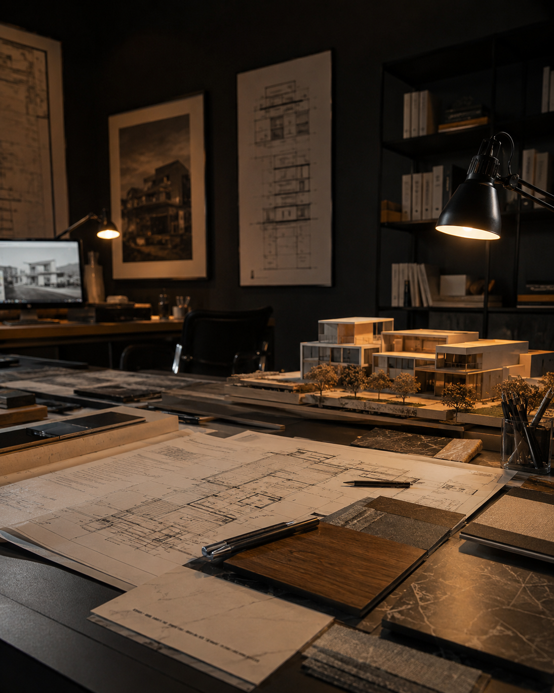 STRATA design studio — drawings, scale model and material samples under warm light